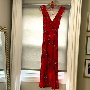 Loved By You Red Orange Floral Print Pleated Chiffon Maxi Dress